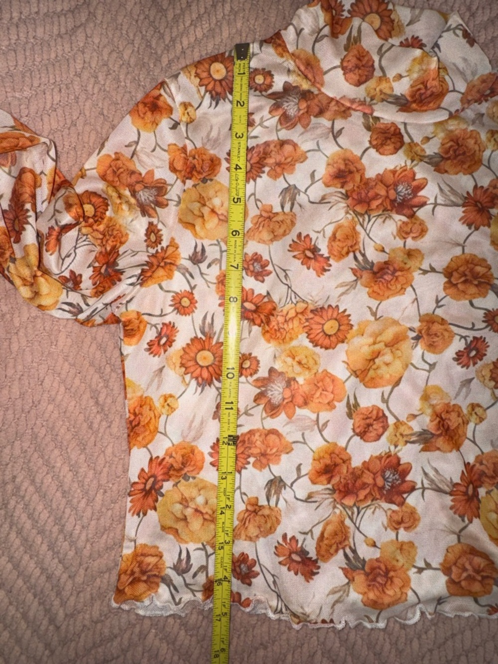Orange Floral Printed Bell Sleeve Mock Neck Scallop Trim Blouse size M - Picture 5 of 10